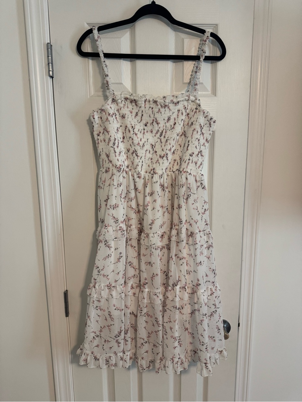 Girls' White Floral Tiered Sundress with Pink Blossom Print